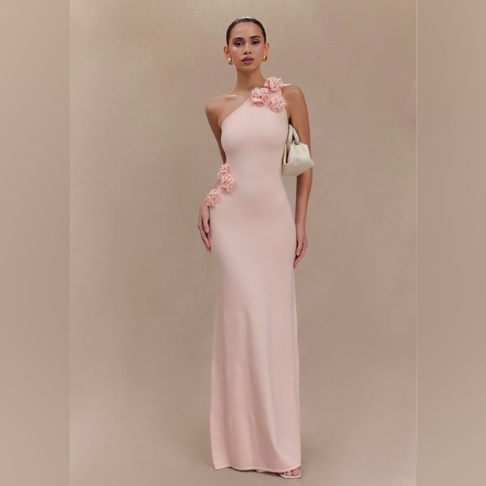 MESHKI- Paloma One Shoulder Knit Maxi Dress With Flowers - Baby Pink